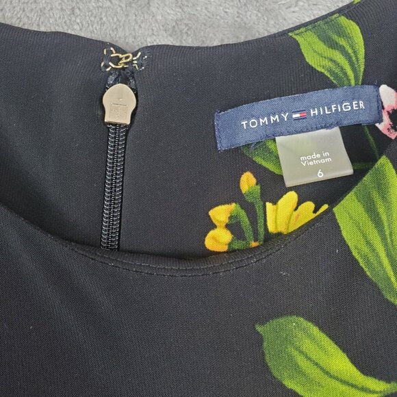 Tommy Hilfiger Dress Womens 6 Black Floral Bell Sleeve Stretch Jersey Preppy EUC - Picture 4 of 11